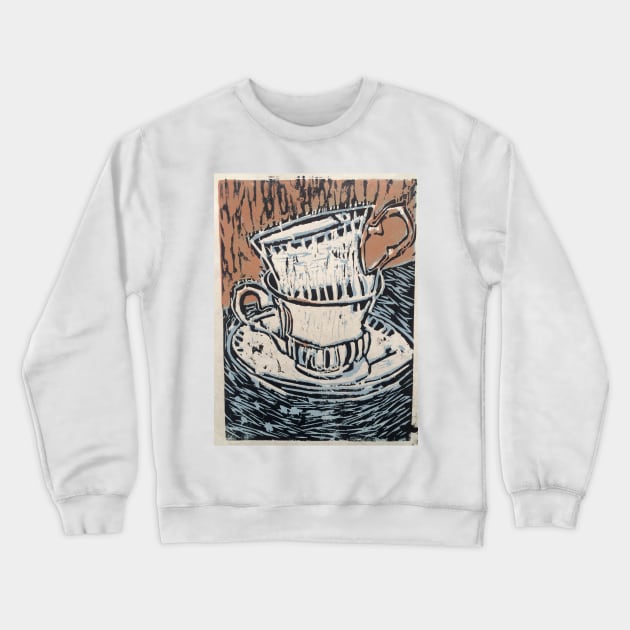 Teacup Woodcut Print Crewneck Sweatshirt by MLPappas